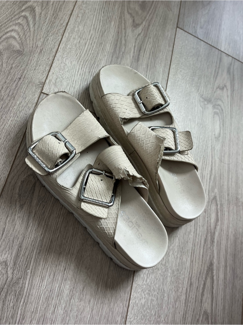 Beige Double-Buckle J Slide Sandals